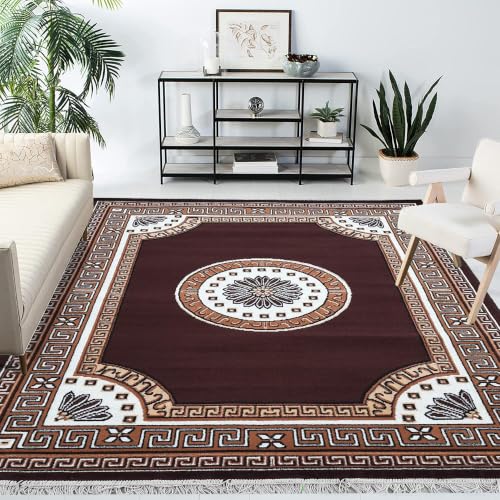 Image of Gold Area Rug with Greek Key Border and Floral Centre (Brown, 6x8)