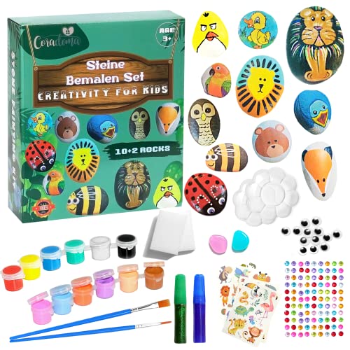 Steine zum Bemalen DIY Set mit 10+2 Steine | Bastelset Kinder ab 6 Jahre Junge und Mädchen Geschenke 7 Jahre Kindergeburtstag | Rock Paint Kit mit Aufkleber und Pinsel Stifte für Kreatives Malen Cover