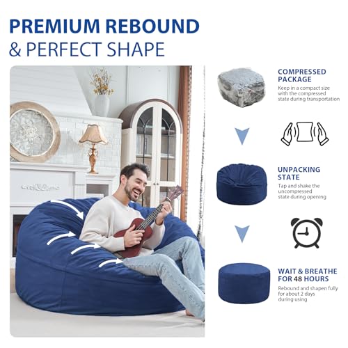 5FT Bean Bag Chair, Large Bean Bag Chairs with Memory Foam Filled, Fluffy Beanbag Sofa with Dutch Velvet Cover, Round BeanBag Chairs for Living Room, Playroom - Blue