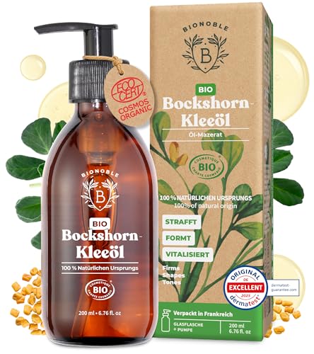 BIONOBLE Bio Bockshornklee Öl - Strafft und Formt Brust und Po - 100% Natürliches Bockshornkleeöl - Geruchloses Öl-Mazerat aus Samen - Organic Fenugreek Oil - Glasflasche mit Pumpe - 200ml