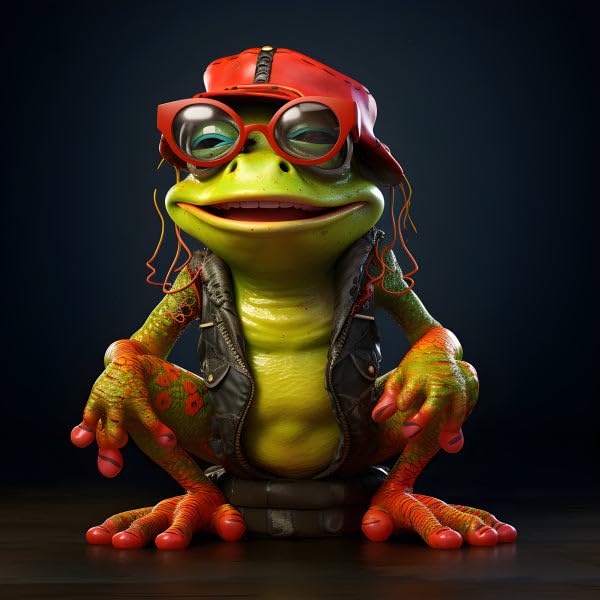 - Abstract Wall Art Photo Print Cool Frog Figurine Collectible with Red Cap Glasses Black Vest, Unique Animal Character Desk Decoration, Fun Gift Idea, Vibrant Green Orange Design (5" x 7")