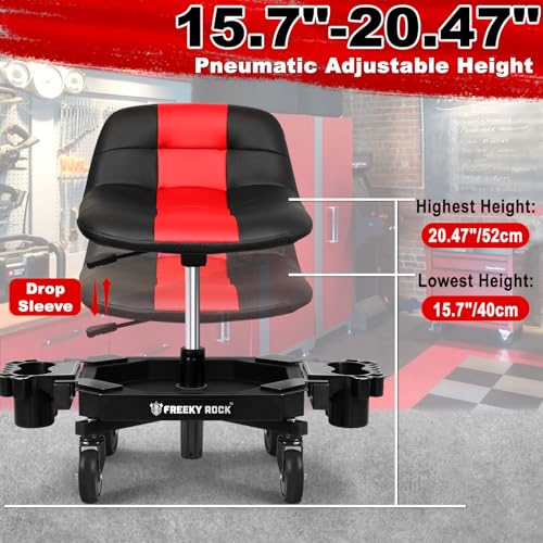 Image of Rolling Stool with Wheels, Adjustable Height Pneumatic Garage Work Mechanic Stool Seat with Backrest, 400 LBS Capacity 360 Swivel Mechanic Crepper Chair with Tool Tray Storage, Red