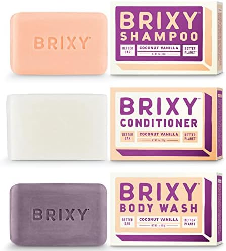 BRIXY Shampoo and Conditioner Bar with Body Wash Set for Balance, Hydration & Soft Hair & Skin, All Hair & Skin Types, pH Balance & Safe for Color Treated Hair, Sustainable, Vegan, Plastic Free