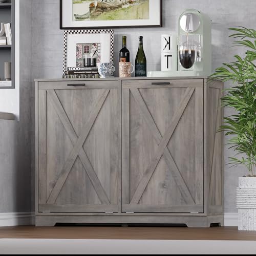 Image of BORNOON Tilt Out Trash Can Cabinet for 2 Bins, Hidden Recycle Garbage Bin Enclosure, Wooden Double Laundry Cabinet with Odor Control, Negative Ion & Ozone, for Kitchen, Bathroom, Laundry Room