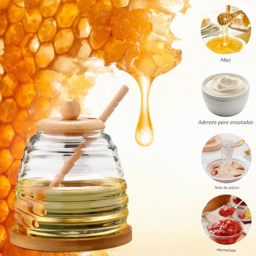 Miniatura 4 de Olla De Miel Con Tapa, Tarros De Miel Con Cuchara, 500 Ml, Macetas De Miel En Forma De Colmena, Dispensador De Miel, Tarro De Miel Con Cuchara De Miel De Madera, Tarro De Miel Con Tapa De Madera