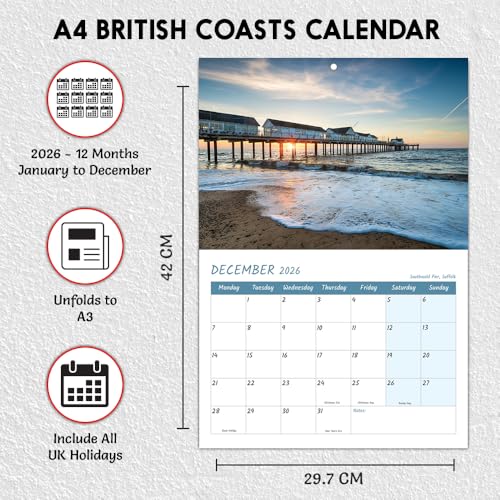 A4 British Coast Calendar 2026 12 Month to View Wall Calendar 2026 A3 When Open Coastal Calendar 2026 UK Coasts Papa Prints