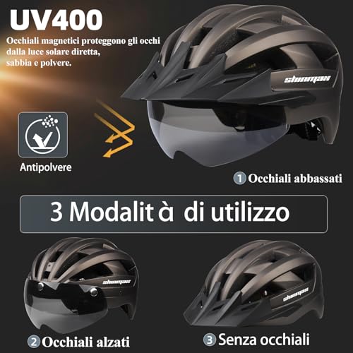 Shinmax Casco Bici Uomo Donna Casco MTB con LED USB Ricaricabile Luce Casco Bici Adulti con Visiera Rimovibile Magnetica Occhiali Casco Ciclismo Unisex Caschi Bicicletta 57-62cm NR-032