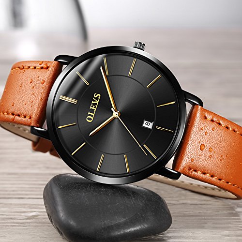 Image of OLEVS Men Leather Watches Black Ultra Thin 6.5mm Minimalist Dress Fashion Simple Casual Waterproof Date Watch for Men