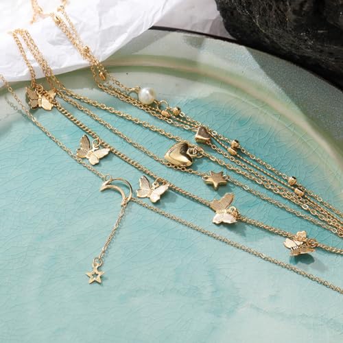 GIGB PBDK Layered Butterfly Necklace Set for Women Trendy Stars Moon Cross Pearl Heart Gold Chain Adjustable Stackable Gold Statement Choker Necklace Dainty Jewelry Gift Set4