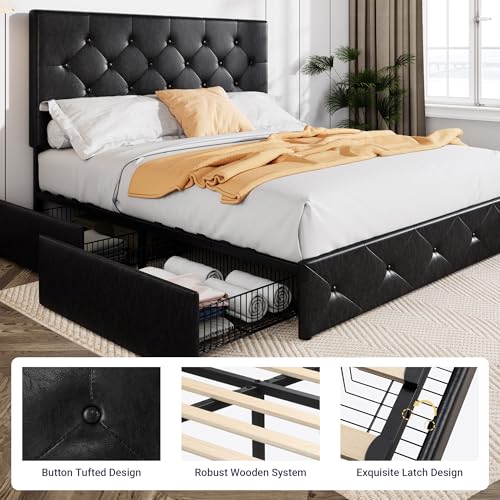 Allewie Upholstered Full Size Platform Bed Frame with 4 Storage Drawers and Headboard, Diamond Stitched Button Tufted, Mattress Foundation with Wooden Slats Support, No Box Spring Needed, Black