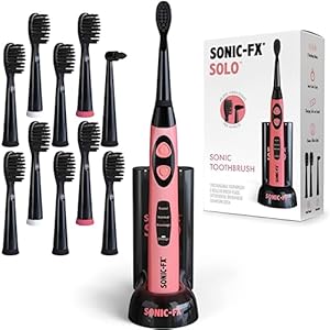 Solo Electric Toothbrush w/ 10 Brush Heads + 1 Interdental, Charcoal Bristles, Rechargeable, Charging/Storage Base, 3 Brush Modes, Smart Timer, 2 Months Use on Full Charge, Coral Color
