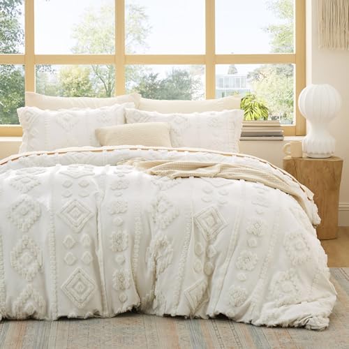 Bedsure Boho Duvet Cover Queen Size - White Tufted Boho