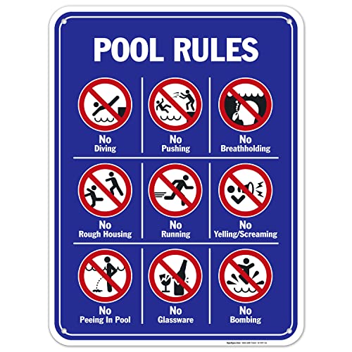 Pool Rules Sign, No Diving No Pushing No Running No Peeing in Pool 18x24 Inches, 55 mil Thick HDPS (high Density polystyrene), Made in USA