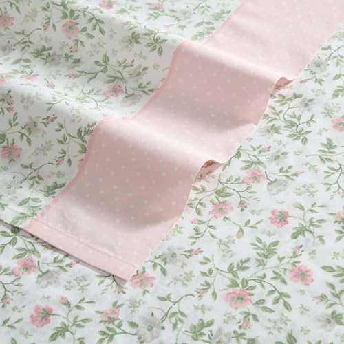 Image of Laura Ashley - Queen Size Sheet Set, Crisp & Lightweight Cotton Percale Bedding with Fitted Sheet and Pillowcases, Floral Room Decor, Deep Pocket, College Dorm Room Essentials (Bonnie Pink)