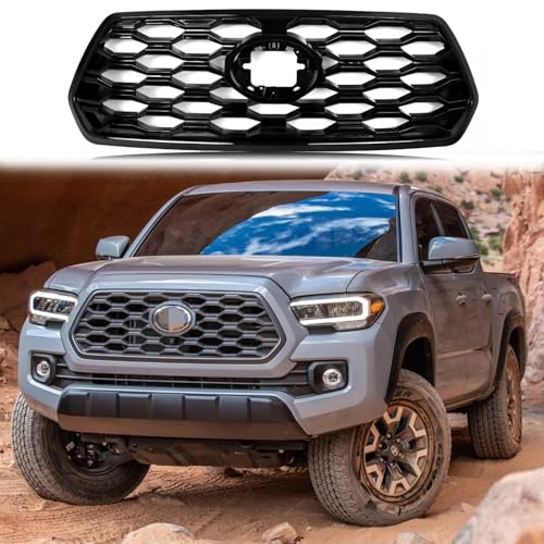 Image of Front Bumper Upper Grill Insert Gloss Black Grille Fit For 2016 2017 2018 2019 2020 2021 2022 2023 Toyota Tacoma,2021 TRD /Mesh Style,Gloss Black