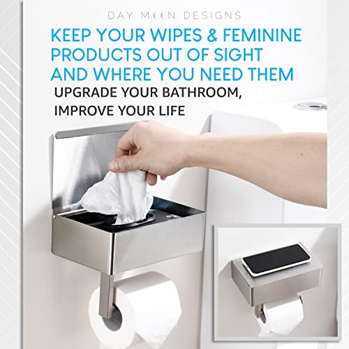 Day Moon Designs Toilet Paper Holder With Shelf, Flushable Wipes Dispenser & Storage Fits Any Bathroom, Keep Your Wet Wipes Hidden, Stainless Steel Wall Mount Bathroom Organizer, Brushed Nickel, Large #TOP2
