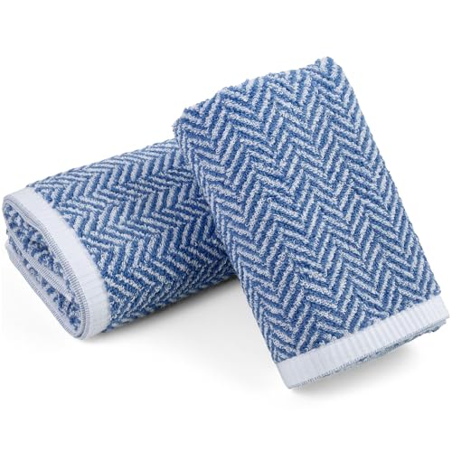 Cleanbear Hand Towels for Bathroom with Decorative Herringbone Stripes, 100% Cotton, 13 x 28 Inches, Light Blue, 2 Pack