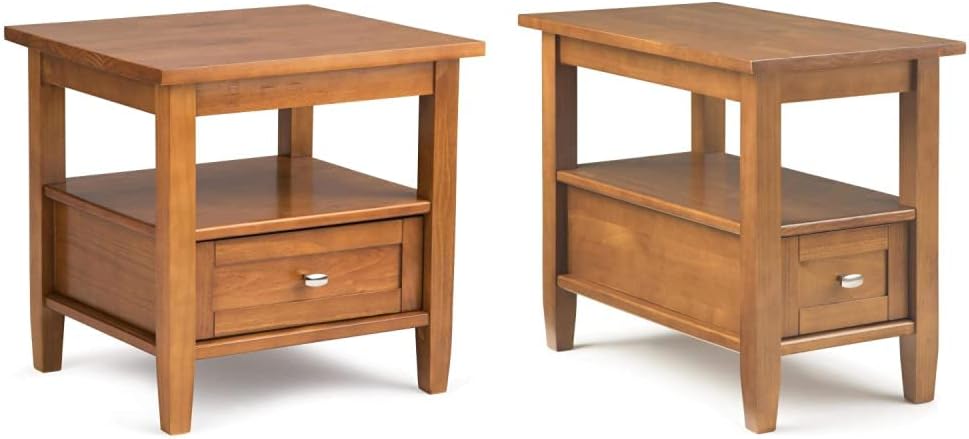 SIMPLIHOME Warm Shaker Solid Wood Rectangle Rustic End and Narrow Side Tables in Light Golden Brown with Storage