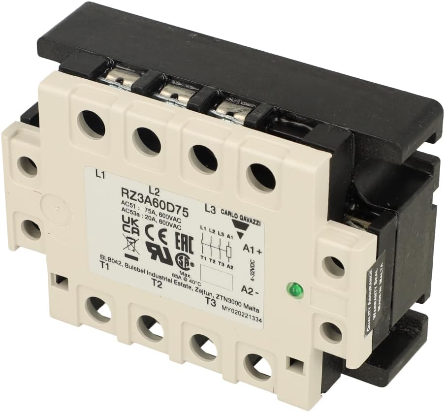 CARLO GAVAZZI RZ3A60D75 3 Phase, 3 Pole, 3 X 75 AACRMS, 4-32 VDC Control Voltage, 600 VACRMS, Solid State Relay, Zero Switching
