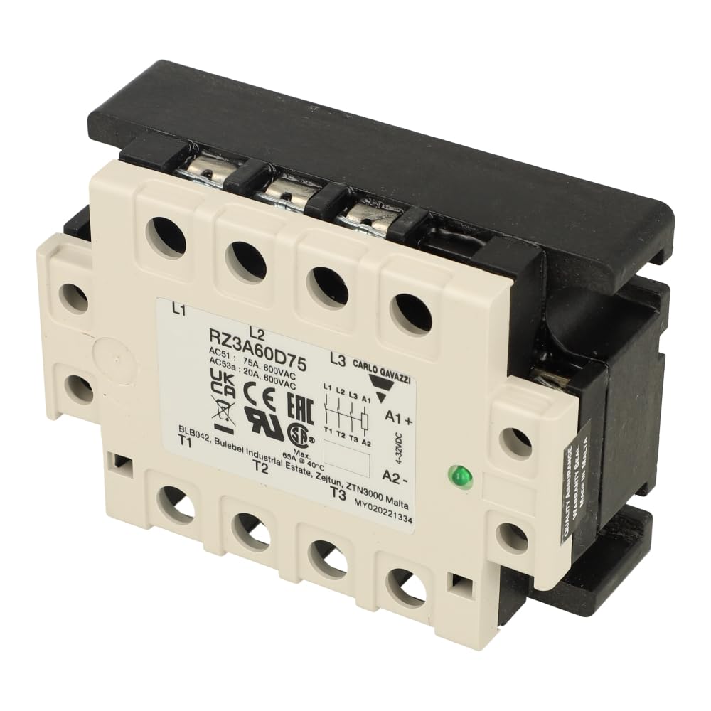 CARLO GAVAZZI RZ3A60D75 3 Phase, 3 Pole, 3 X 75 AACRMS, 4-2 VDC Control Voltage, 600 VACRMS, Solid State Relay, Zero Switching