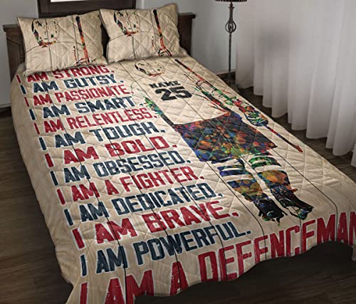 Ohaprints Custom Hockey Defenseman Boy Fan Watercolor Personalized Name Number Quilt Blanket & Pillowcases, Quilts Bedding Set & Pillow Cover, King Queen Double Twin Throw Full Size Bedspread Bed Sets