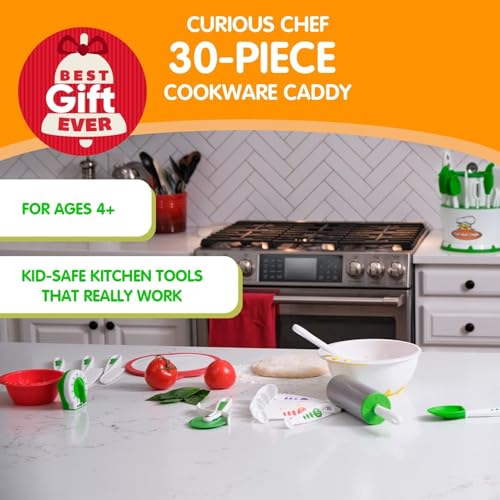 Curious Chef Kids Cooking Utensil Caddy 30-Piece Cookware Set With Real Baking Supplies - White/Green Durable Plastic & Dishwasher Safe - Includes Measuring Cup Caddy, Rolling Pin, Spoons, & More - Thumbnail 2