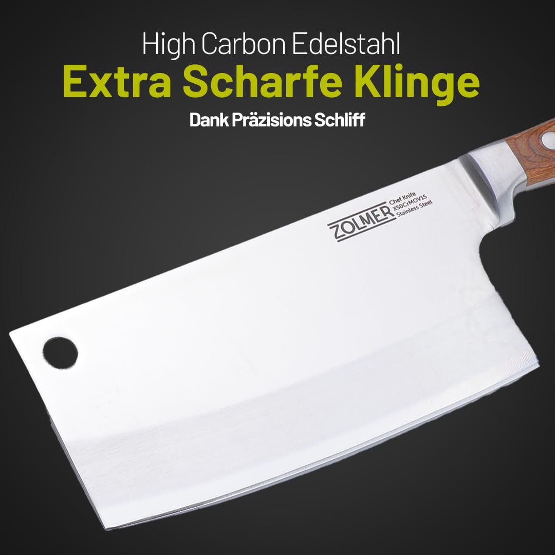 Hackmesser küche aus Edelstahl – Chinesisches Kochmesser für Fleisch & Knochen – Japanisches Profi Messer mit Holzgriff – Robustes Küchenbeil für Profis & Hobbyköche