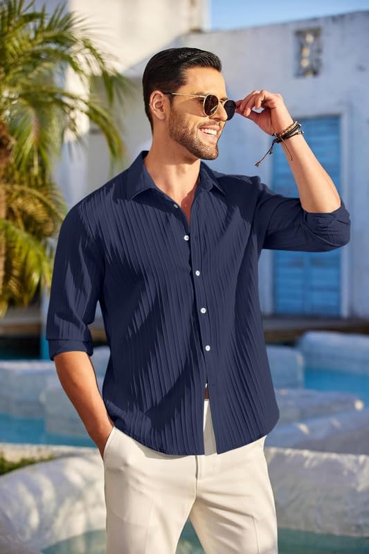 Image of FINIVO FASHION Men's Casual Cotton Polyester Blend Plain Button Down Shirt Long Sleeve Textured Summer Beach Shirt for Men
