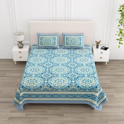 Image of Pure Cotton King Size Bedsheet Set with 2 Pillow Covers, Jaipur Design, Traditional Indian Pattern