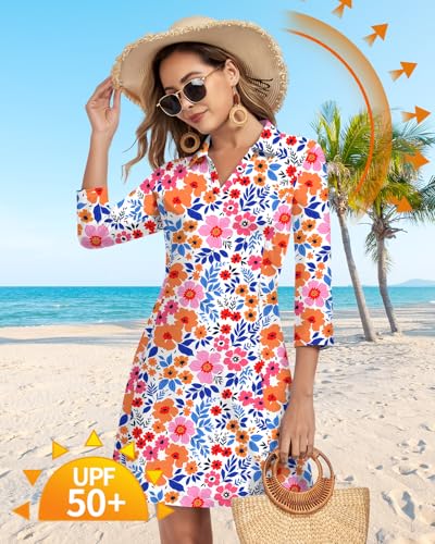 Image of WOWENY 3 /4 Sleeve Dress for Women with Pockets V Neck UPF 50+ Casual Sun Dress Breathable Quick Dry Beach Vacation