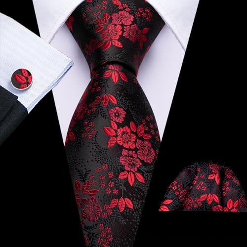 Image of Barry.Wang Men Tie Set Floral Paisley Silk Necktie Pocket Square Cufflinks Formal Wedding Party Business