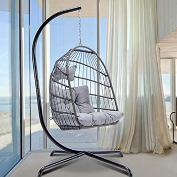 Alternative view of Egg Chair with Stand Indoor Outdoor Patio Wicker Hanging Chair Aluminum Frame Swing Chair Patio Egg Chair with UV Resistant Grey Cushion