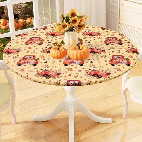 misaya Round Fitted Tablecloth with Elastic Edge, 100% Waterproof Oil Proof Plastic Table Cover, Vinyl Flannel Backed Tablecloth Fits 36