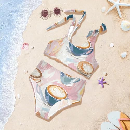 Coffee Cups Girl 2 Piece Kids Bikini Set Scoop Neck Swimsuits Swimwear Cute Shoulder Strap 5