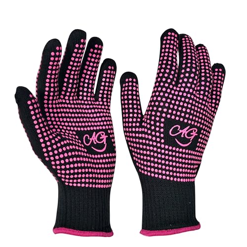 ANGENIL 2 Pcs Heat Resistant Gloves with Silicone Bumps for Hot Hair Styling, Professional Heat Proof Glove Suitable for Flat Iron Hair Straightener, Curling Wand and Thermal Brush, Pink