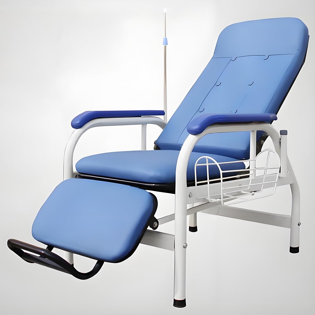 WDSOPK Clinic Waiting Room Chair Fully Reclining Phlebotomy Chair with Armrests & IV Pole Leather Reception Seating for Offices - Blue & Black