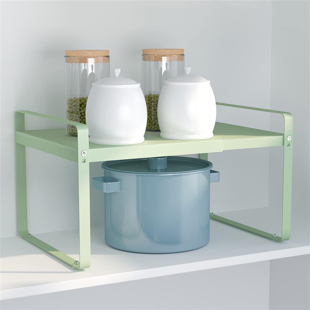 MaykelaExpandable Countertop Organizer Shelf, Cabinet Shelf Organizers, Storage Rack Shelf Kitchen Shelf Organiser,Spice Racks,Cupboard Shelf for Home and Kitchen Storage(Green)