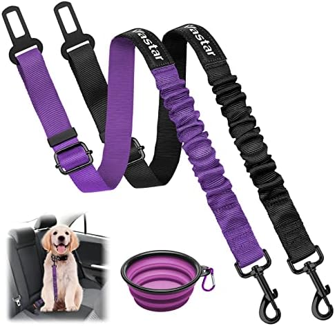 Vastar Dog Seat Belt, 21”-31” Adjustable Dog Car Harness Strap, Dog Tether with Elastic Bungee Buffer, Dog Car Leash with Universal Clip, Dog Seatbelt with Foldable Bowl, Heavy Duty Nylon & Zinc Alloy
