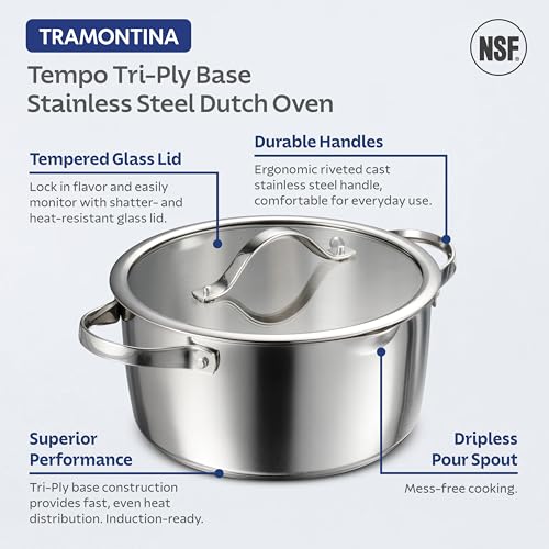Image of Tramontina Tempo Tri-Ply Base Stainless Steel 5-Quart Dutch Oven Pot with Glass Lid, Induction-Ready, Oven-Safe, Dishwasher-Safe