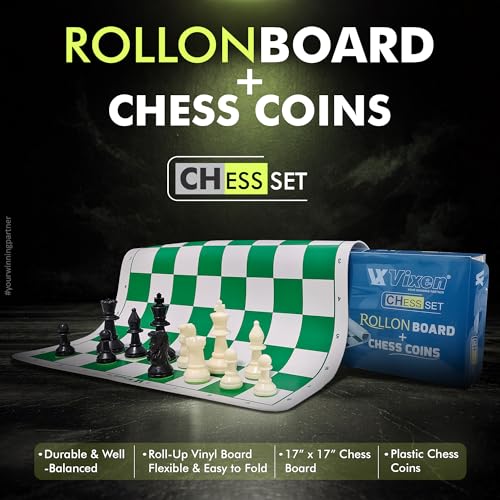 Image of Vixen Tournament Chess Set | Fide 17x17 Vinyl Roll-Up Board | Heavyweight Plastic Chess Pieces | Foldable Mat with Storage Bag (Chess Set Rollon)