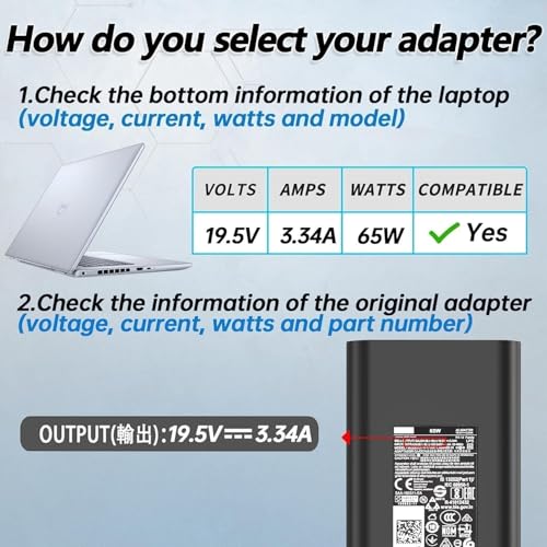 Image of 65W Laptop Charger Compatible with Dell Latitude 5410 7290 3140 3190 7390 5510 7480 7490 E7470 E7450 3350 3310 5480 5490 7280 7400 5510 E5570 E5470 19.5V 3.34A Round (De 65W 7.4 * 5.0mm)