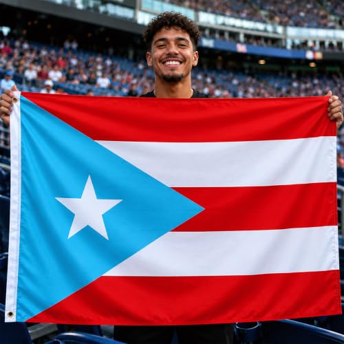 Image of AhfuLife 1Pc Light Blue Puerto Rico Flag 3x5 Ft, Large Light Blue Puerto Rican Flags for Outside - Double Side with Brass Eyelets for Puerto Rican Party Decorations, Soccer Party Bar Garden Decoration Indoor Outdoor