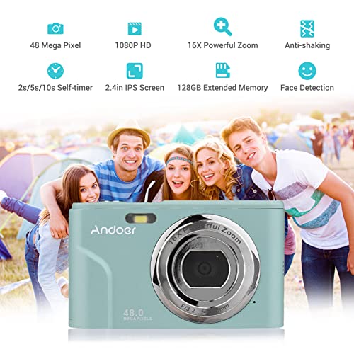 Andoer Câmera digital portátil de 48 MP 1080p tela IPS de 2,4 polegadas com zoom de 16 x, focagem au