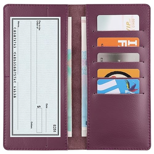 Genuine Leather Checkbook Cover for Men, Soft Leather Checkbook Holder for Women, Bifold Long Wallet with 7 Card Slots (Purple)2