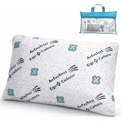 Almohada Viaje 50x30x11 Visoelástica con Carbono Activo, Almohada Ergonómica para Avión, Tren, Coche, Hogar, Camping. Almohada De Viaje Transpirable con Doble Funda Lavable y Bolsa de Transporte