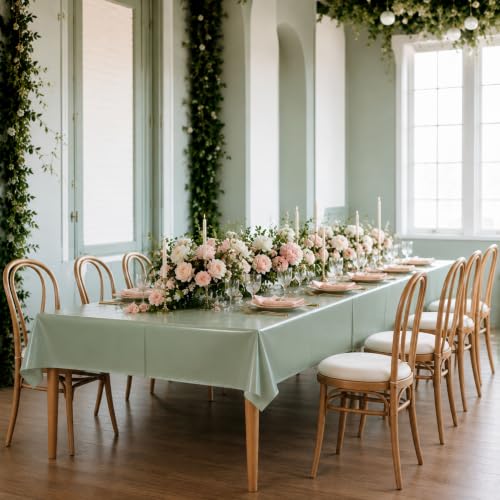 Image of Blue Orchards Sage Green Plastic Table Cover (Pack of 3 with 20 Glue dots) - 54 inch x 108 inch - Sage Green Tablecloth, Waterproof & Disposable Party Supplies, Boho Chic Decorations for Wedding, Baby Shower