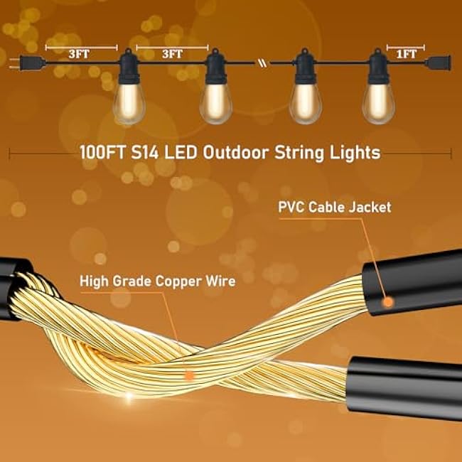 S14 Patio String Lights, 100FT Outdoor Patio String Light with 35 Clear LED Bulbs (2 Spare), UL Certified Waterproof Hanging Lights for Outdoor & Indoor - Commercial Grade Black Wire