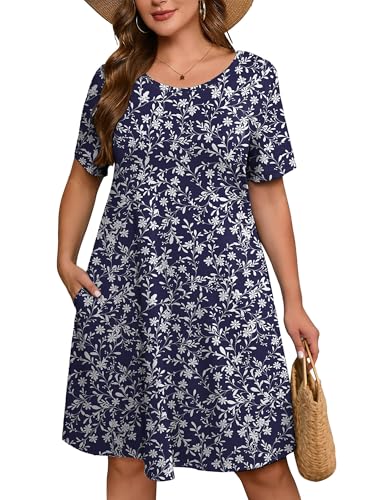 Image of AusLook Plus Size Midi Dress for Women Casual Summer Short Sleeve A Line Swing Dress with Pocket Round Neck Flowy Dress 1X-5X