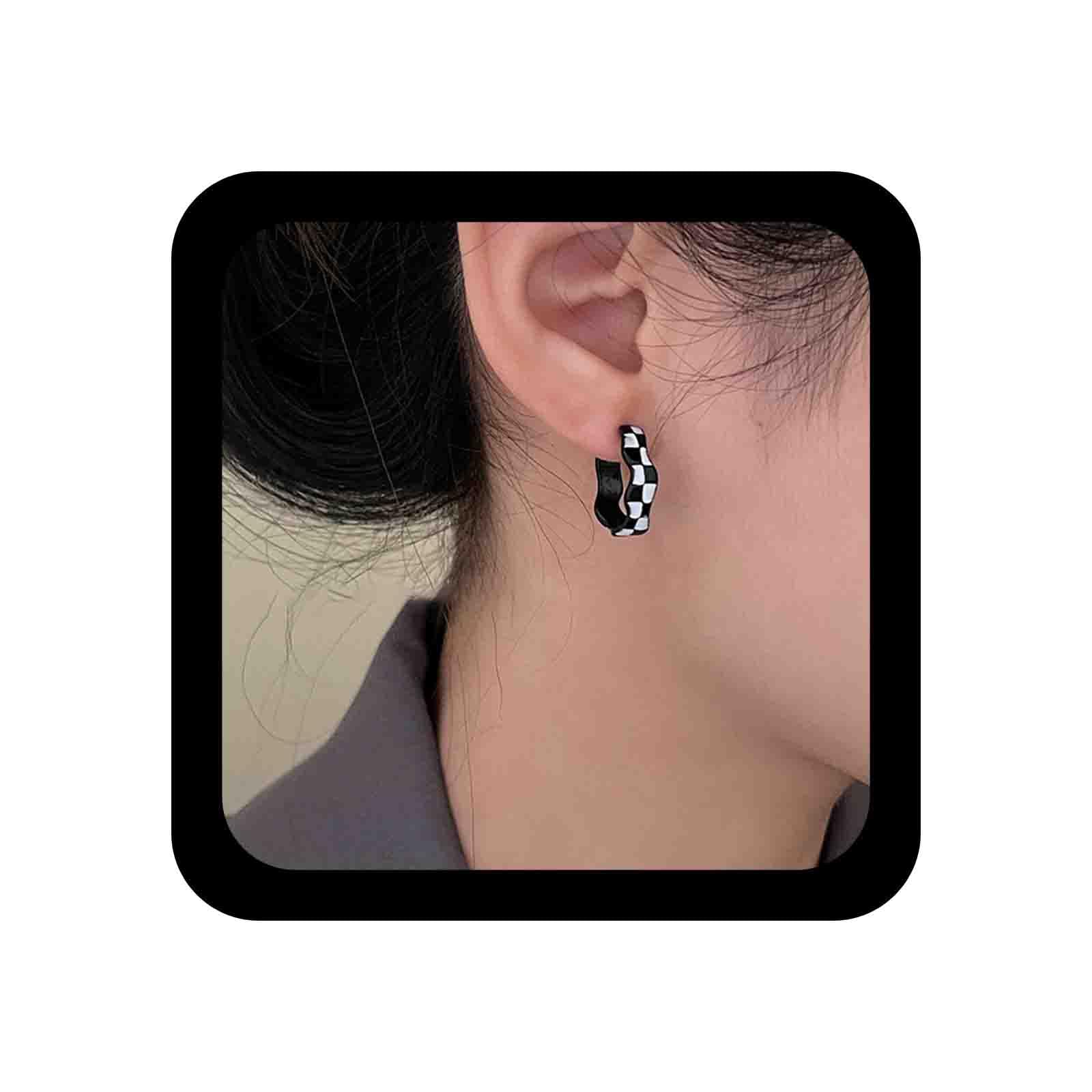DerviveaMinimalist Checkerboard Hoop Earrings Black White C Shape Earrings Acrylic Checkerboard Earrings Grid Checkered Huggie Hoop Earrings Jewelry For Women