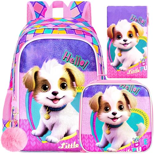 3PCS Kids Backpack for Girls, 16'' Dog Preschool Bookbags with Lunch Box, Cute Animal Water Resistant School Backpacks Set for Elementary Kindergarten Toddler